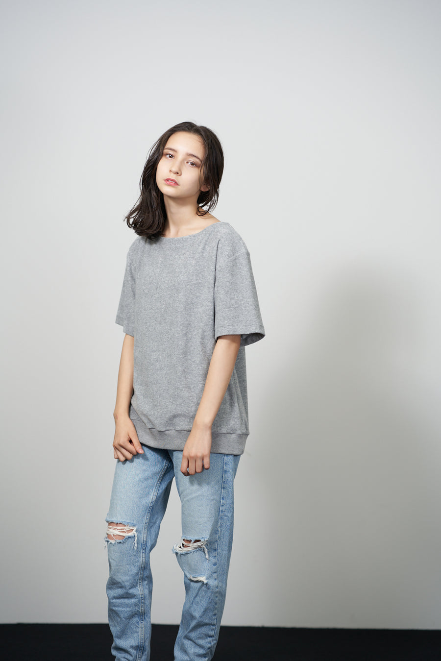 PILE BOAT NECK T - Light Gray